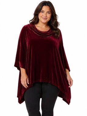 Eileen Fisher Women's Burgundy Velvet Tunic Top Size 2X Cowl Neck Silk Blend